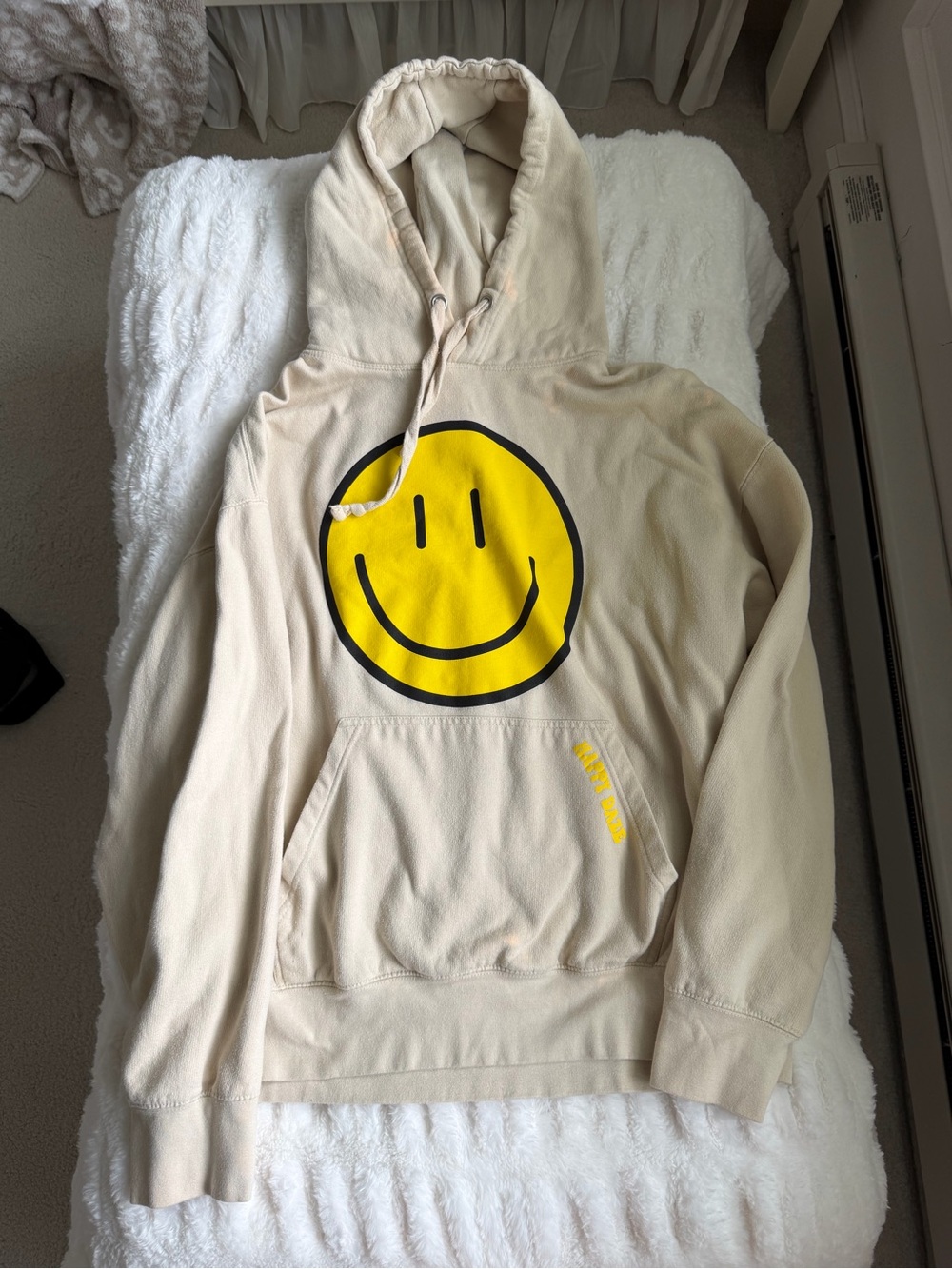 Happy Daze Cream Hoodie with Yellow Smiley Graphic Size XL